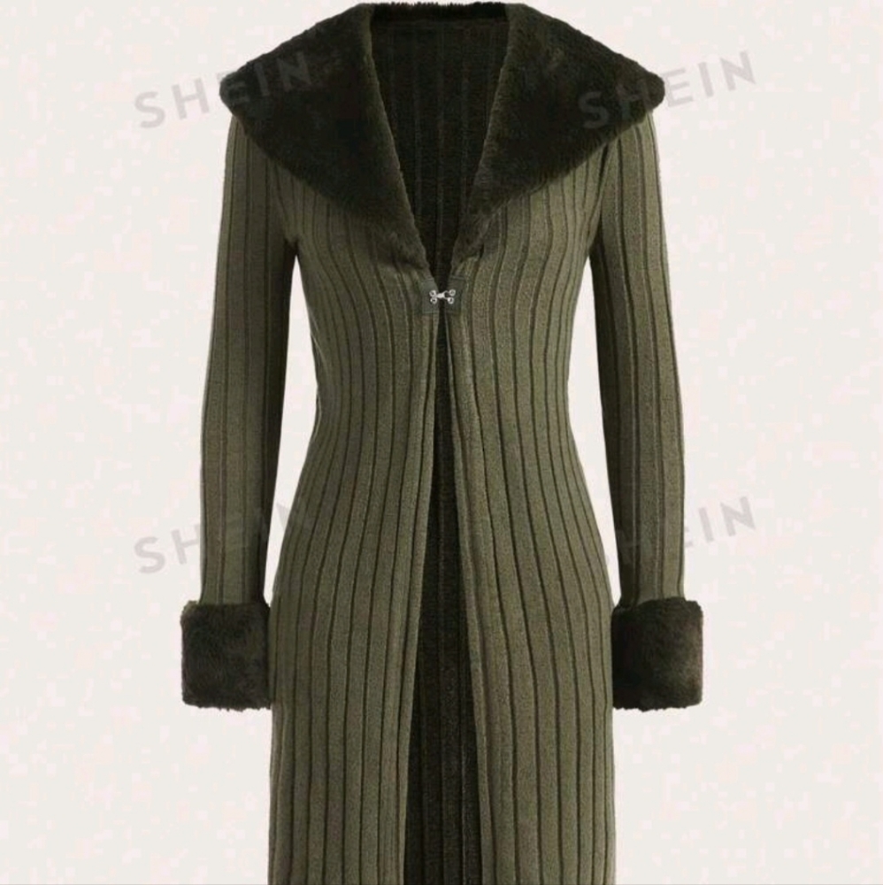 Shein | NWT Army Green Mid-Length Faux Fur Cardigan